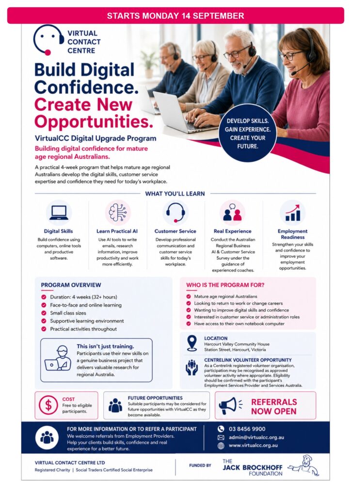 VirtualCC Digital Upgrade Program brochure. Free 4-week program starting Monday 14 September in Harcourt and online.